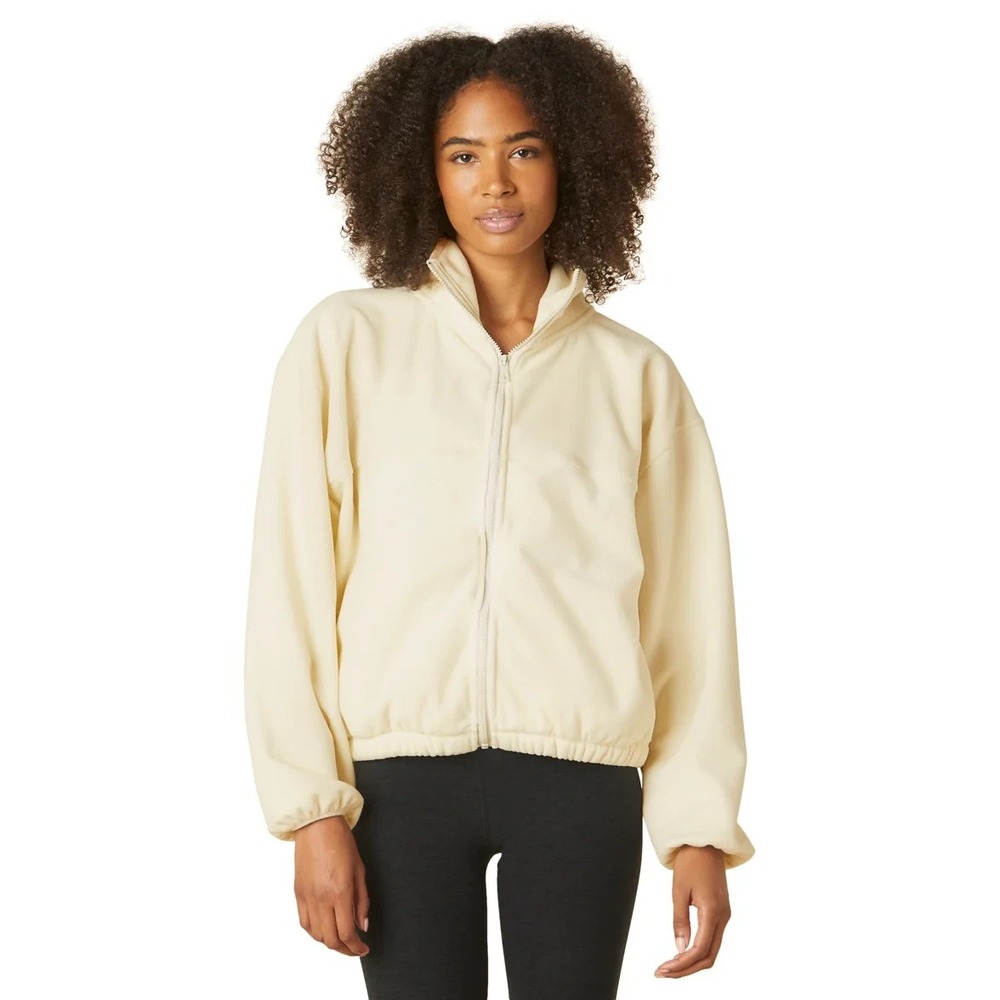 Beyond Yoga Feeling Chill Fleece Jacket Womens L Cream Zip Athleisure Cozy